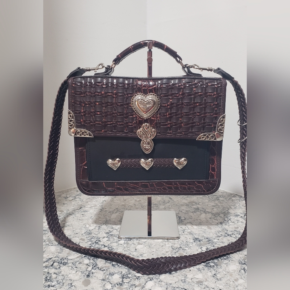 Brown Woven Faux-Leather Satchel with Heart Hardware